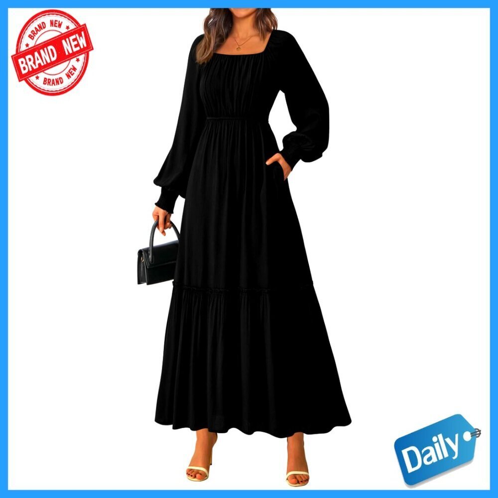 Long Sleeve Maxi Dress Empire Waist Smocked Back Flowy Formal